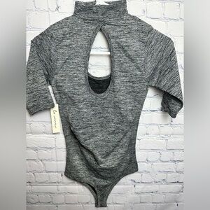 La Winner heather grey choker style neckline and open front thong bodysuit